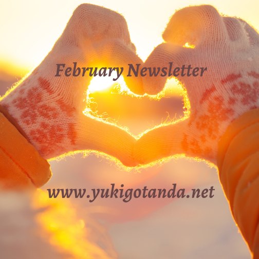 Hands wearing knitted mittens forming a heart shape around the setting sun, with the text 'February Newsletter' and 'www.yukigotanda.net' overlaid.