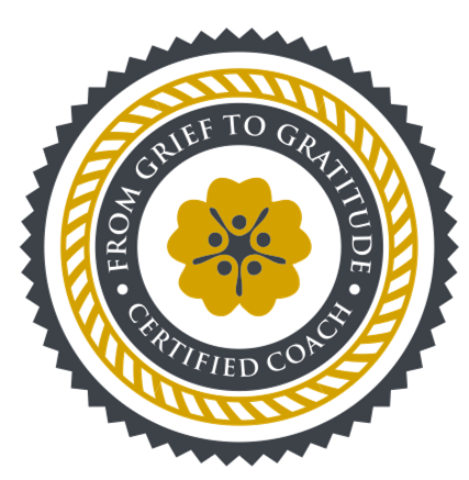 A certification badge 'From Grief to Gratitude Certified Coach'.