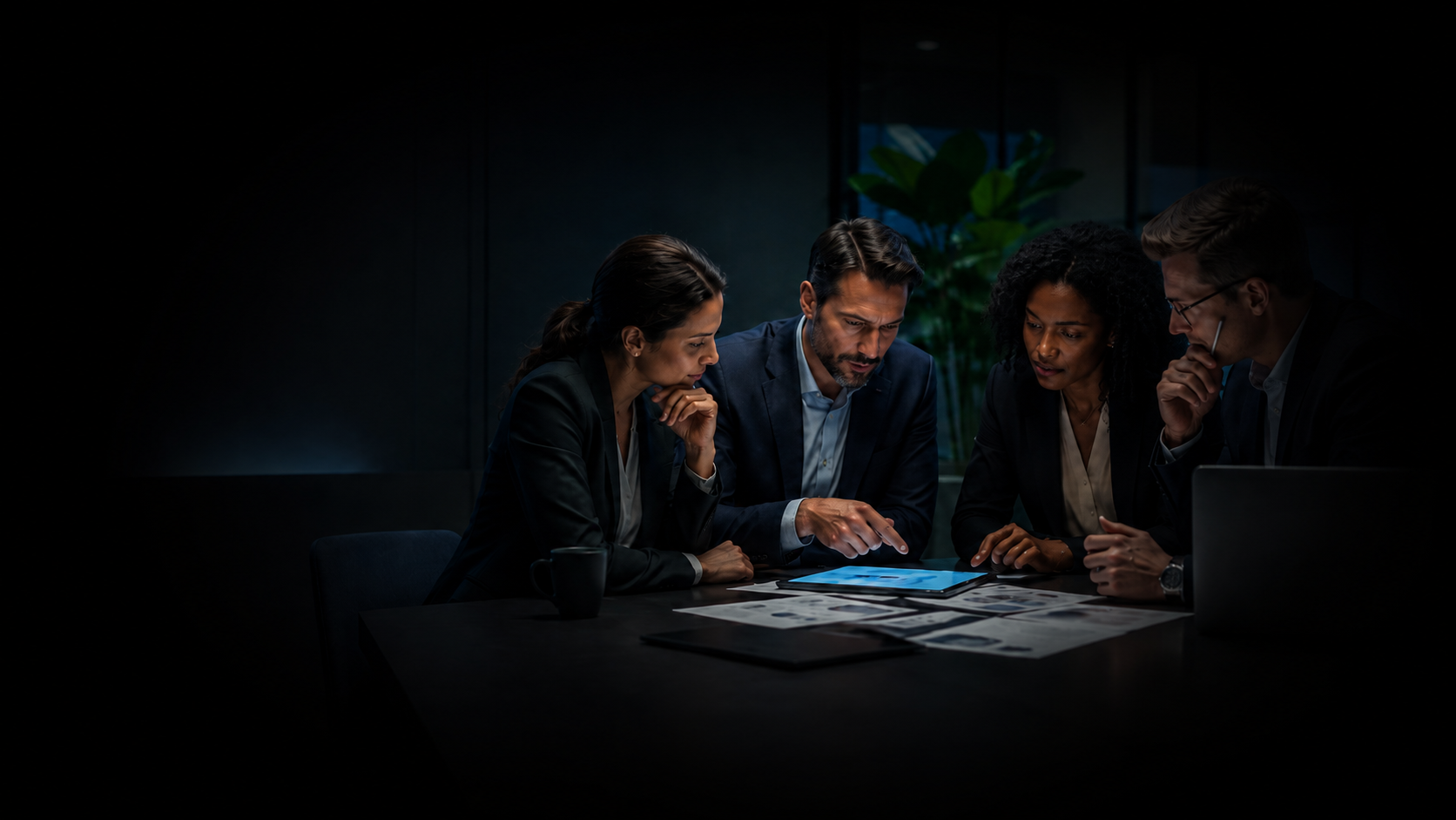 Four business professionals sitting around a table engaged in a discussion, with documents and a tablet on the table, in a dimly lit conference room.