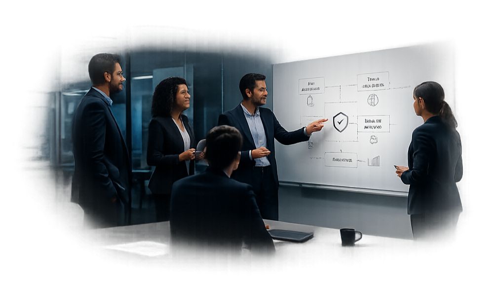 A diverse group of five business professionals in formal attire having a presentation in a modern office conference room. One man is explaining a diagram on a whiteboard, while the others listen attentively.