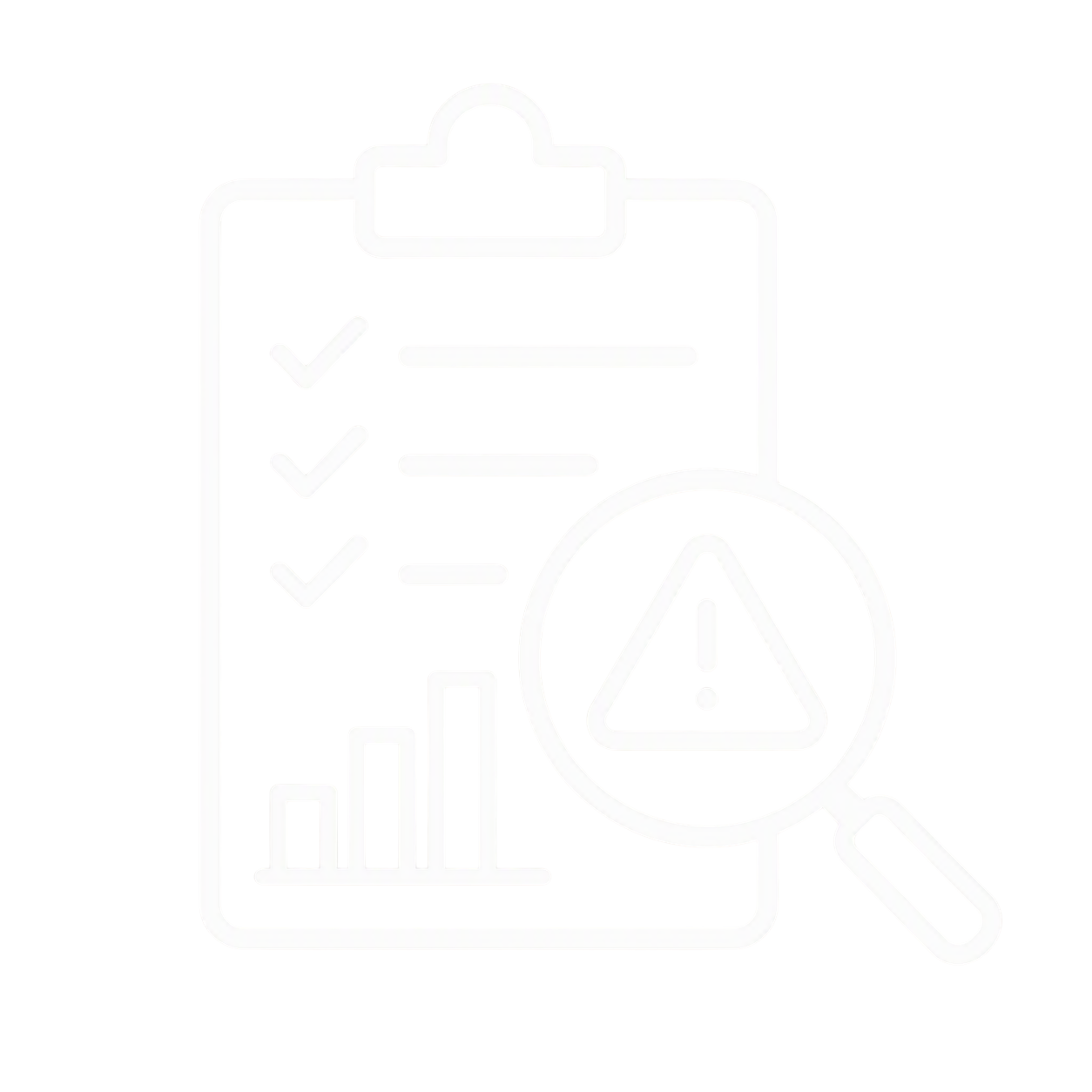 A checklist with a magnifying glass looking at a caution sign