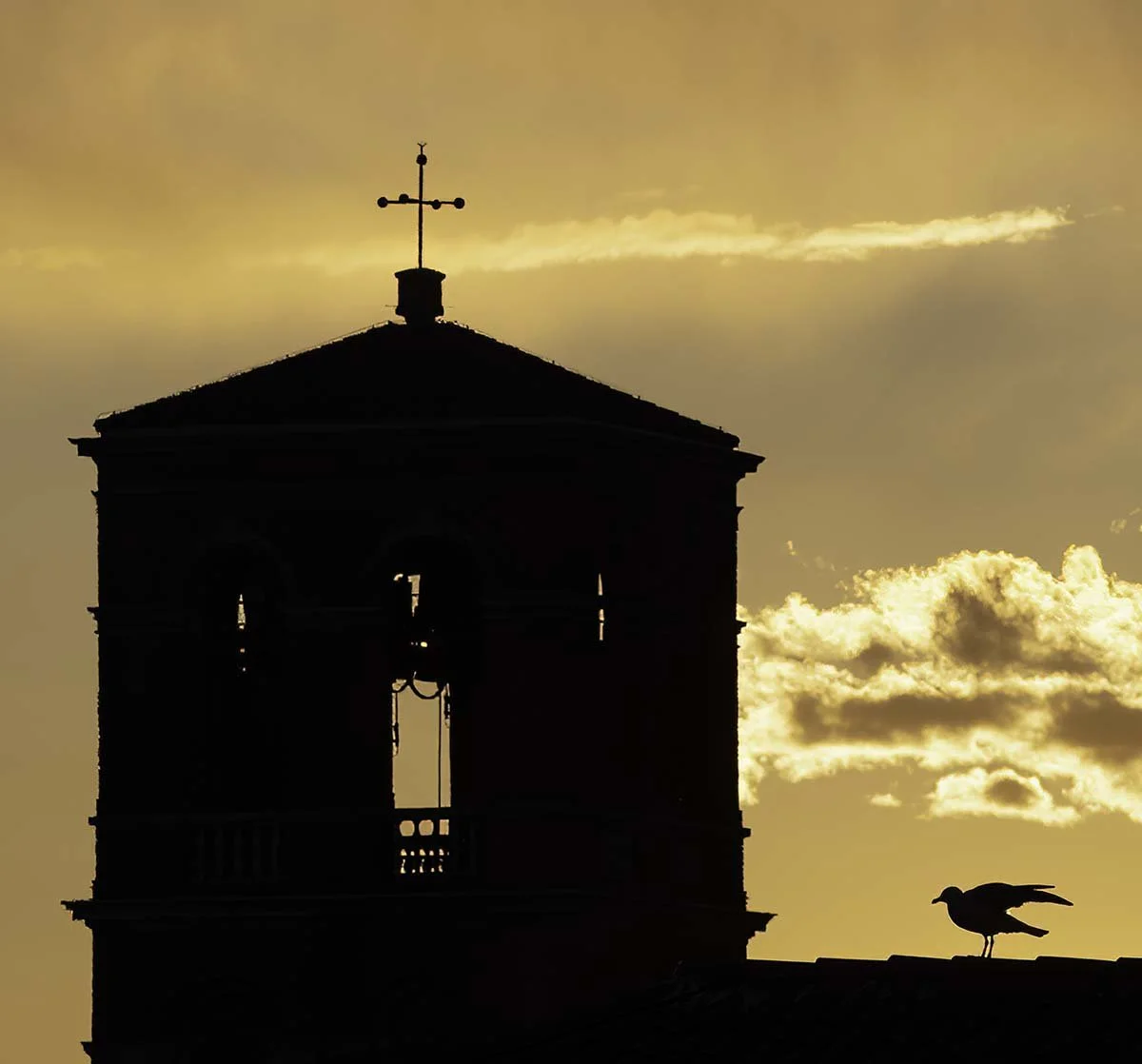 Silhouette of a bell tower with a cross on top and a bird perched on the edge against a sunset sky with clouds.
