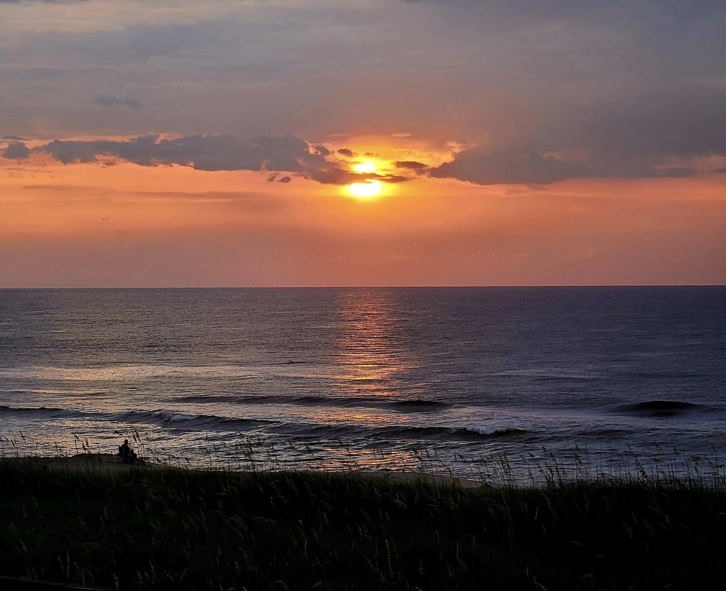 Sunset over the ocean with dark clouds in the sky and a person sitting on the shoreline among grass and plants.