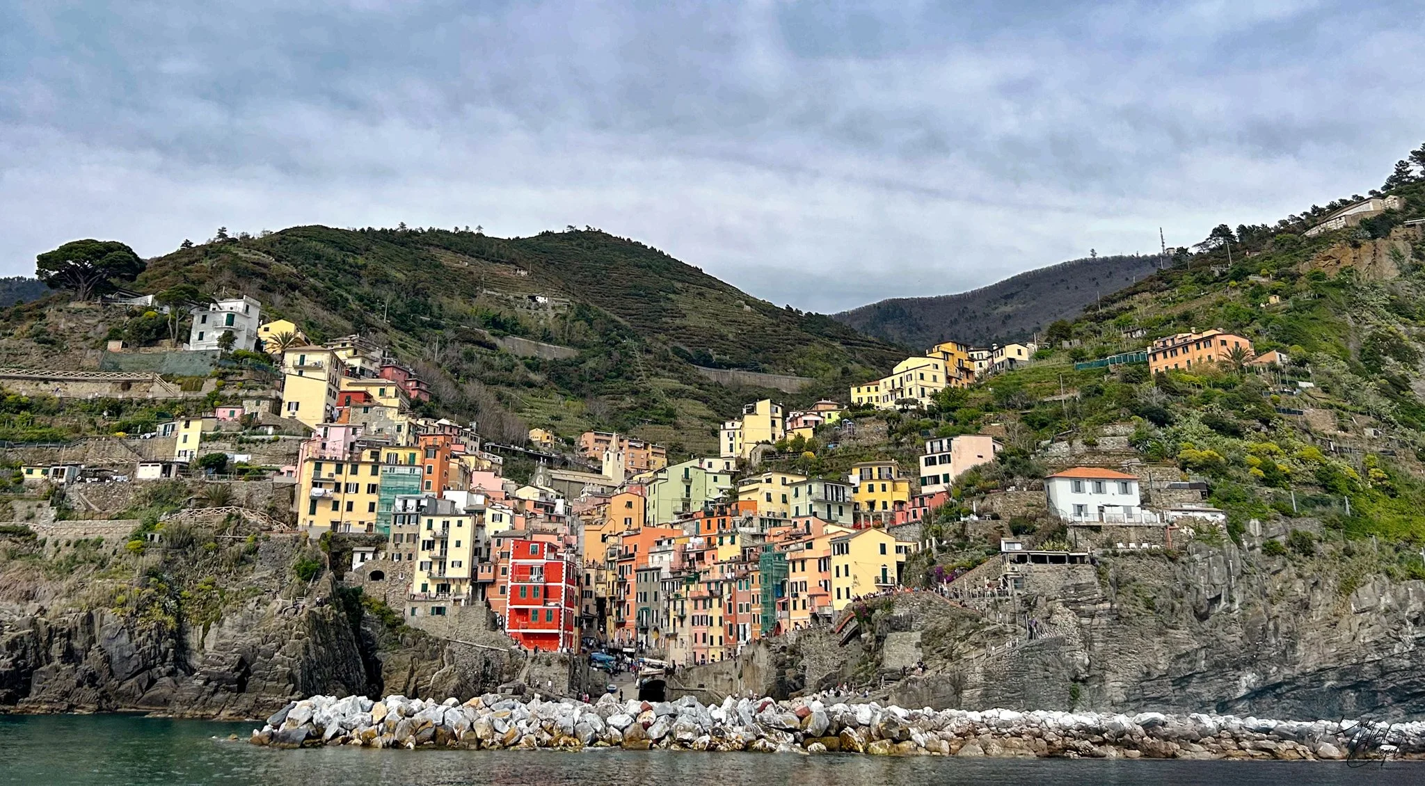 Colorful houses perched on steep hillside above rocky shoreline with water in foreground, overcast sky in background.