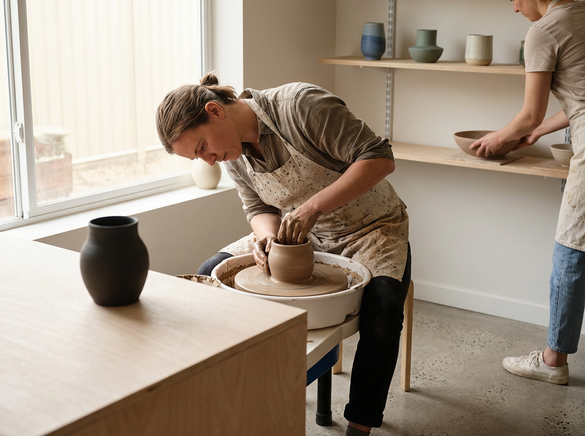 A woman shaping a clay pot on a pottery wheel while a person in the background holds a bowl. The room has a large window and shelves with vases and bowls.