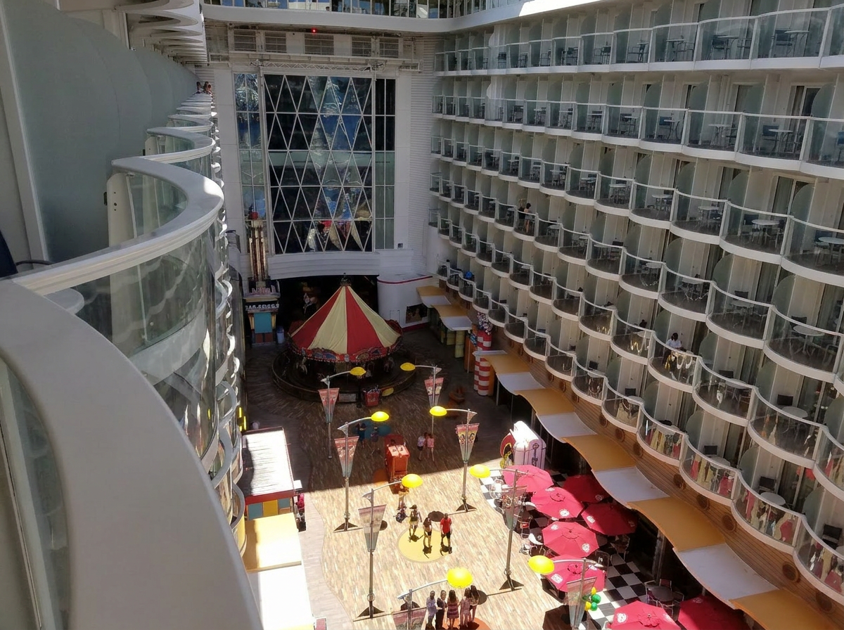View of a cruise ship's atrium with a carousel, shops, and outdoor seating area with pink umbrellas.