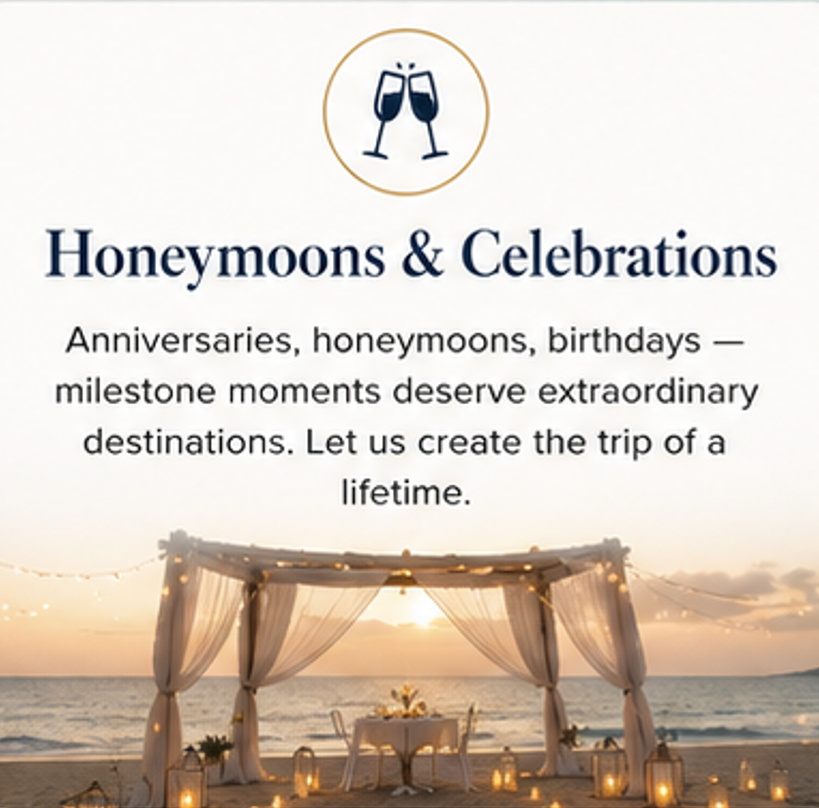 A beach scene at sunset with a decorated tent and a table set for a celebration, celebrating honeymoons and special milestones.