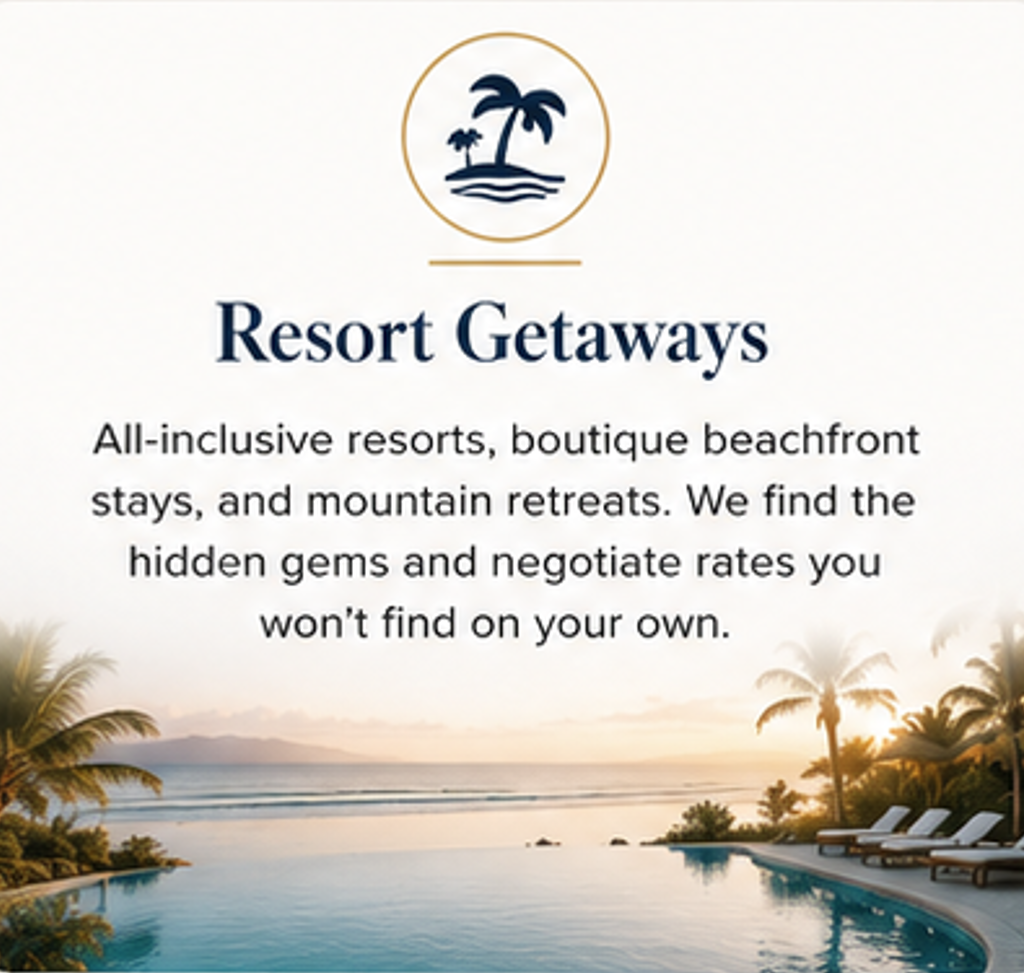 A promotional flyer for Resort Getaways showing a tropical scene with palm trees, a swimming pool, and a sunset, along with text about all-inclusive resorts, boutique beachfront stays, mountain retreats, and rates negotiation.