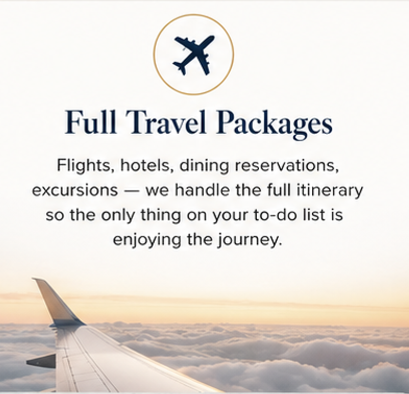 Information about full travel packages including flights, hotels, dining reservations, and excursions, with an airplane wing and sky at sunset in the background.