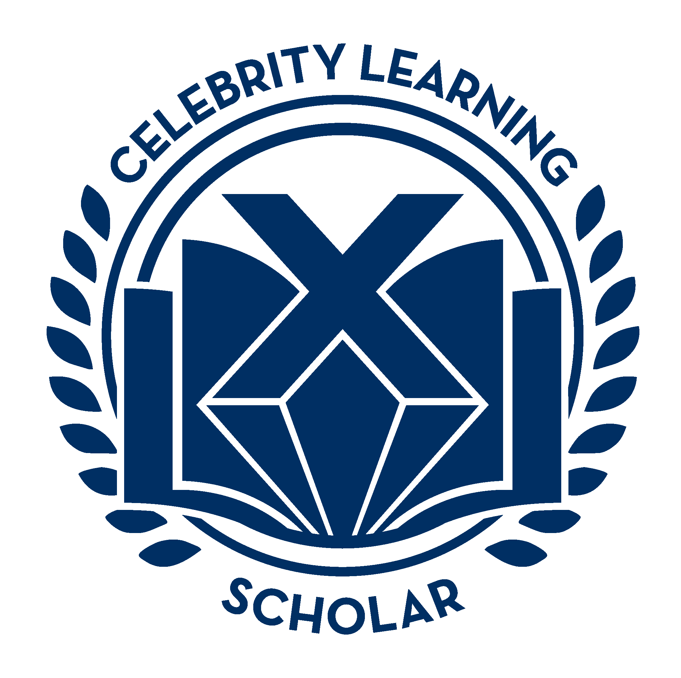 Official Seal of a school with a blue circular emblem, a open book in the center, and the words "Celebrating Learning" and "Scholars" surrounding it.