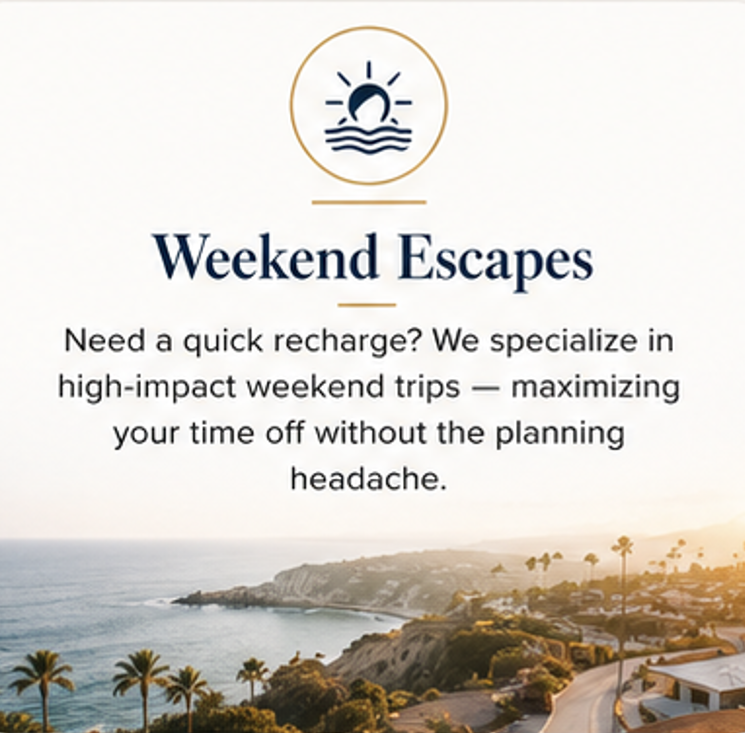 An advertisement for weekend escape trips, featuring a coastal scene with palm trees and cliffs at sunset or sunrise, and a logo of a setting sun over water.