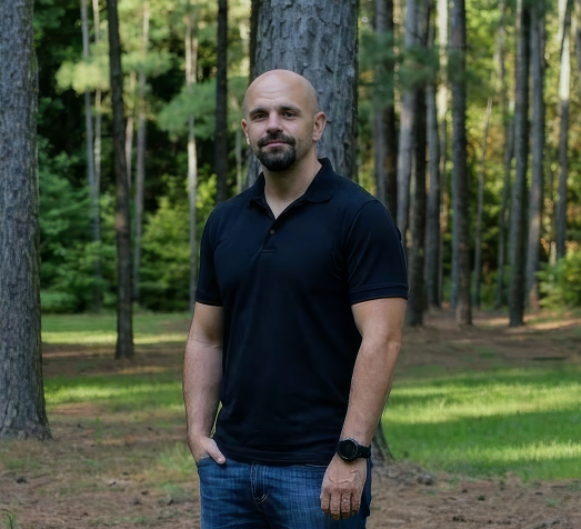 Man standing outdoors in a forested area with trees and green grass, wearing a black polo shirt and jeans.