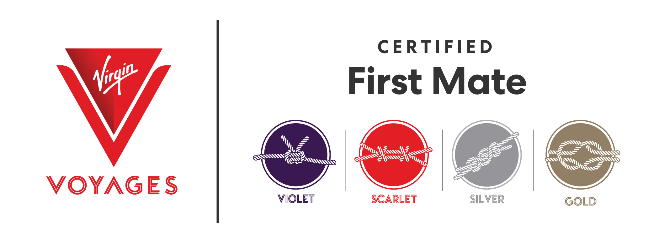 Virgin Voyages logo with a graphic showing four different colored knots labeled violet, scarlet, silver, and gold, indicating their certifications as first mates.