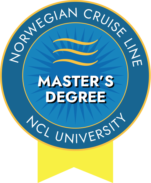 Medal with blue ribbon and gold border, featuring a blue center with the text 'Master's Degree' and the logos 'Norwegian Cruise Line' and 'NCL University'.