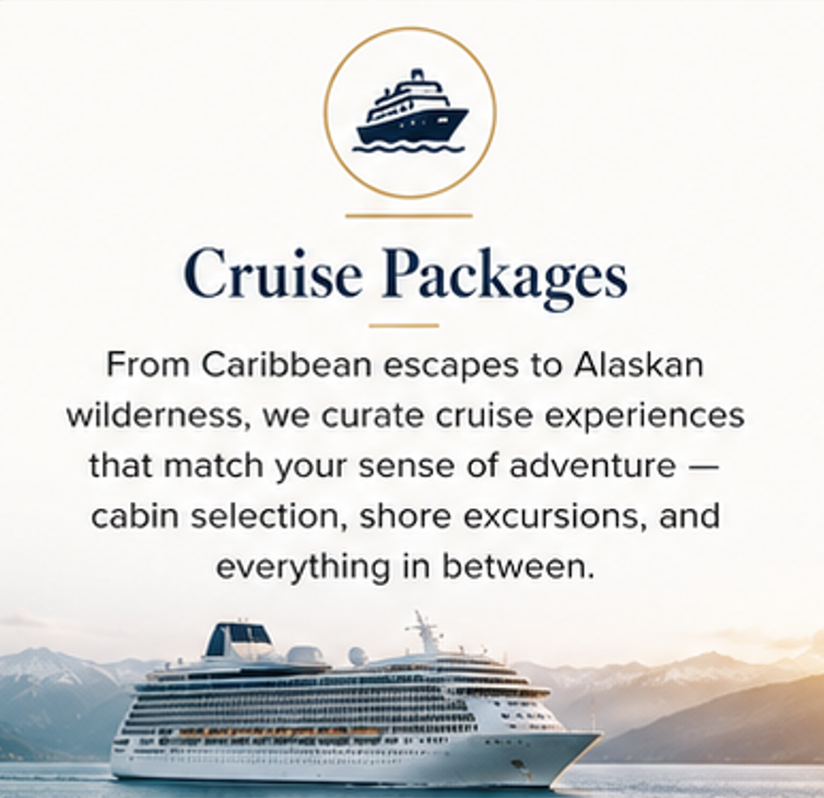 A promotional flyer for cruise packages featuring a large cruise ship on the water with mountains in the background, and a logo of a yacht at the top.