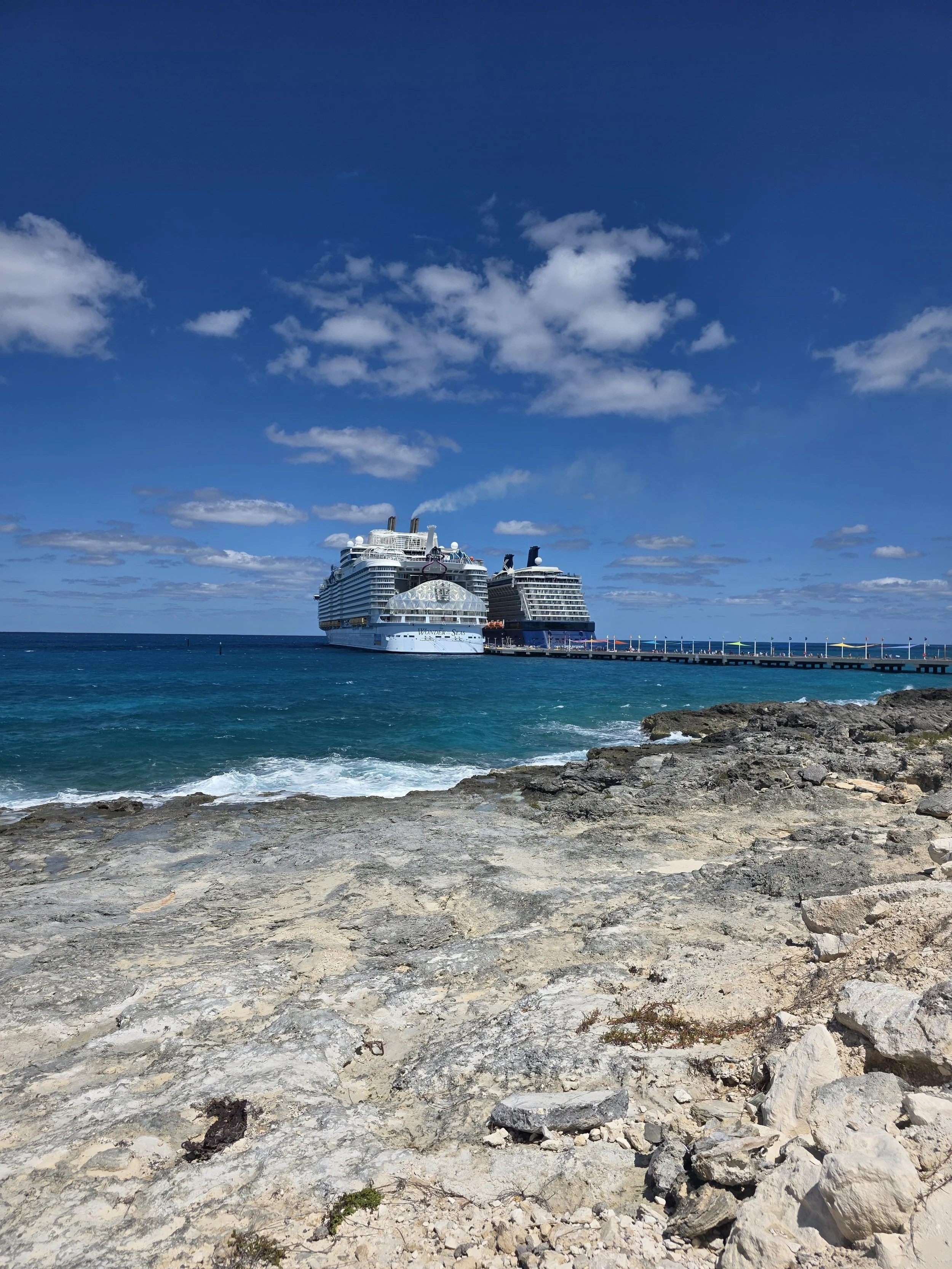Two cruise ships docked at a pier along a rocky shoreline on a bright, partly cloudy day.