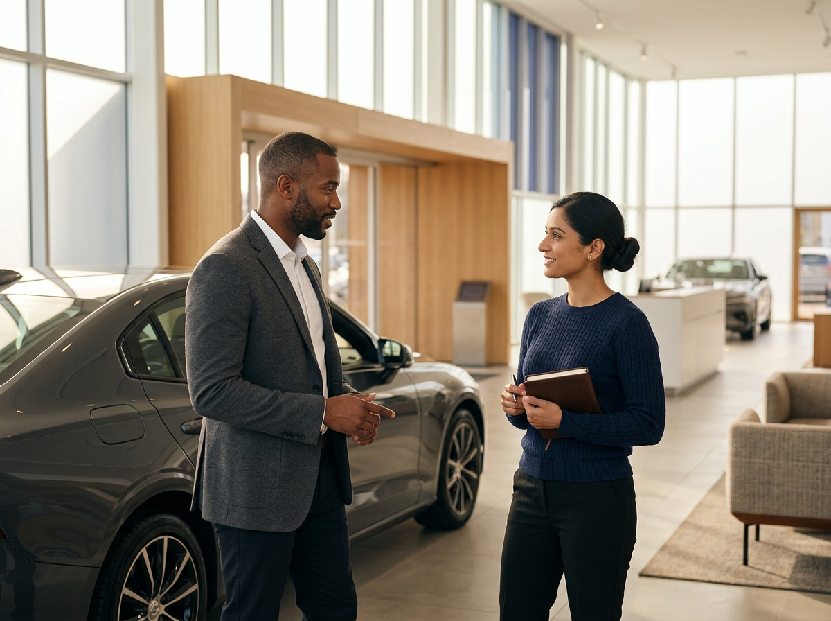 A man and a woman are talking inside a car dealership. The man is wearing a gray blazer and white shirt, and the woman is holding a notebook, wearing a dark blue sweater. There are cars and large windows in the background.