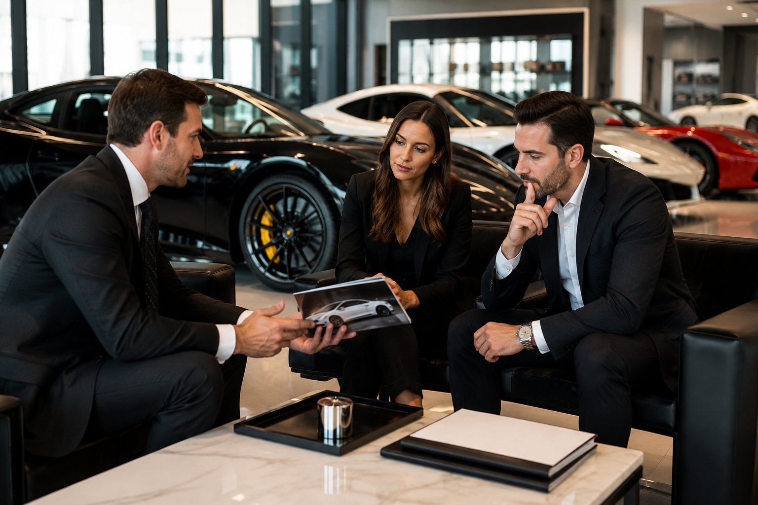 Three people in business attire discussing a car model in a luxury car showroom with high-end sports cars in the background.