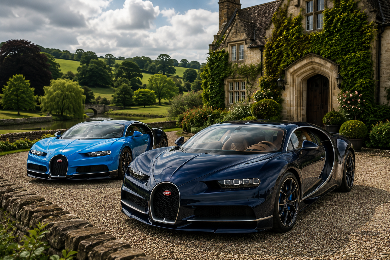 Two Bugatti Chiron sports cars, one blue and one dark blue, parked outside a large stone house with greenery and a river in the background.