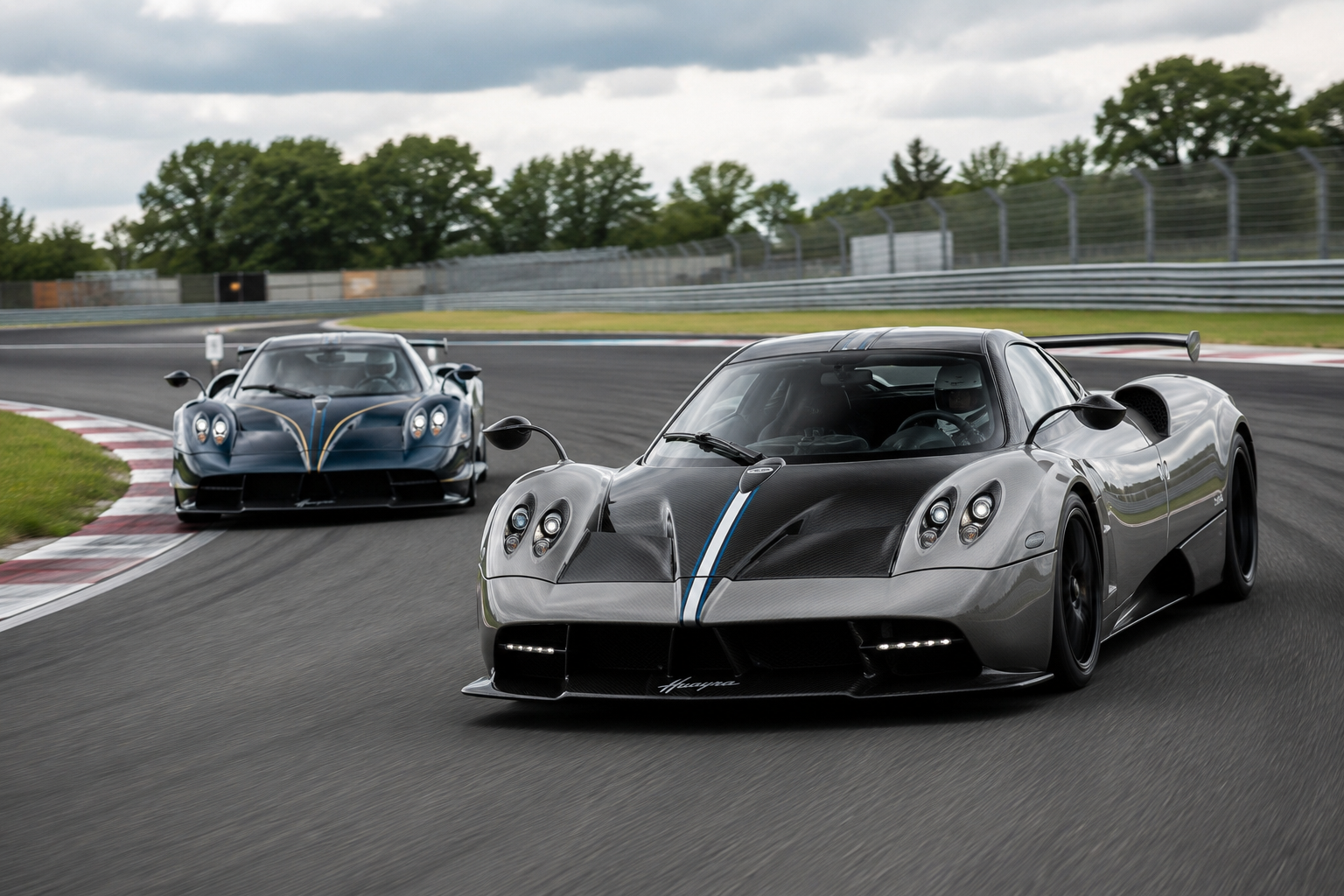 Two high-performance sports cars racing on a track, with the black car leading and the dark blue car following, both with sleek designs and aerodynamic features.