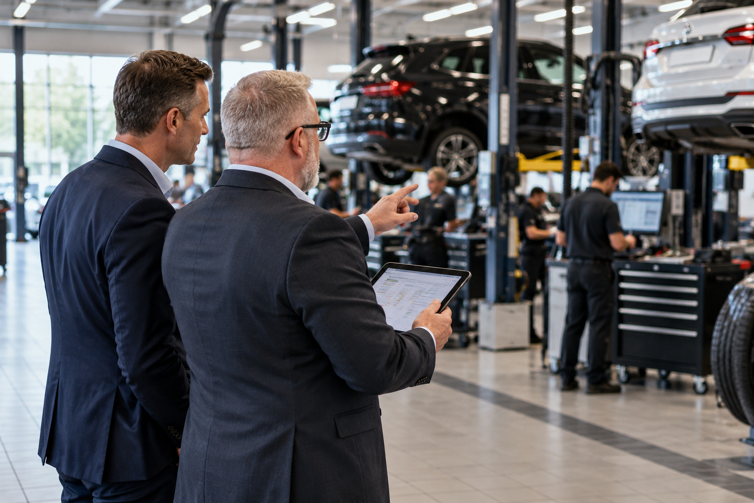 Two men in suits discussing in a car dealership or service center with cars on lifts in the background.