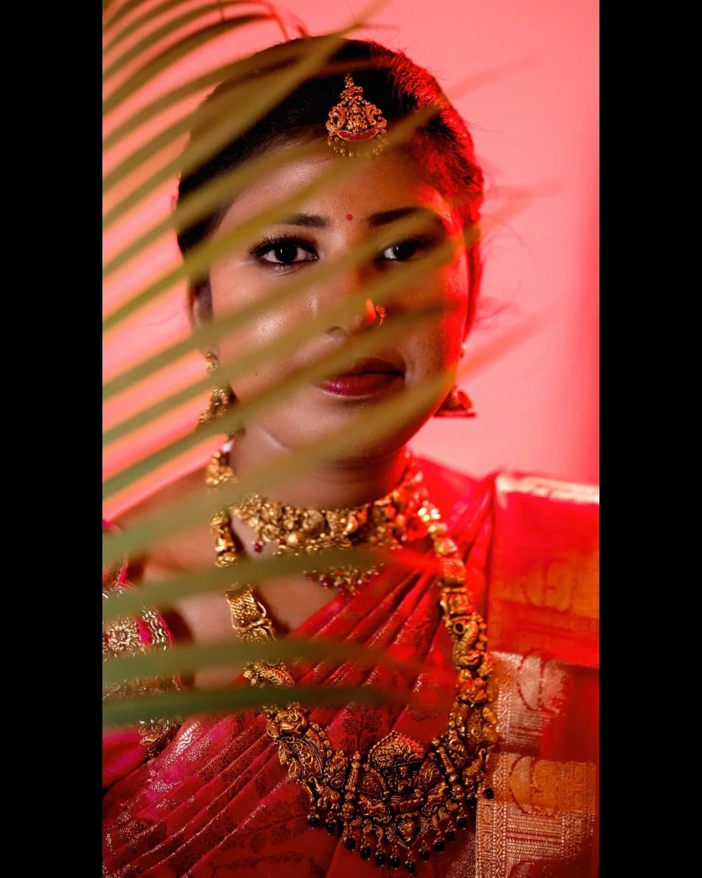A woman wearing traditional Indian jewelry and garments, partially obscured by leaves, with a pink background.