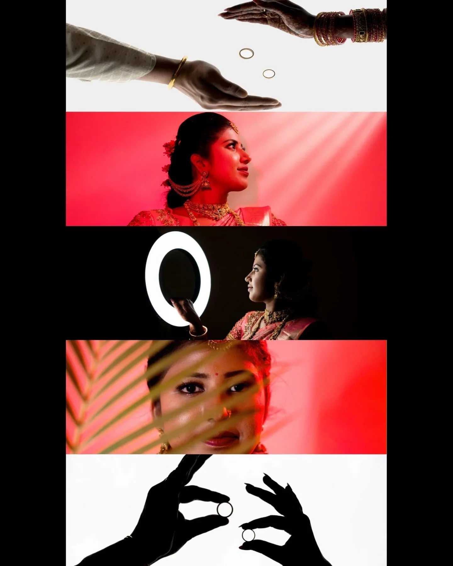 A collage of images featuring women of South Asian descent, showcasing traditional jewelry and attire, with some images featuring hands holding rings and a woman holding a ring against a circular light, set against red and black backgrounds.