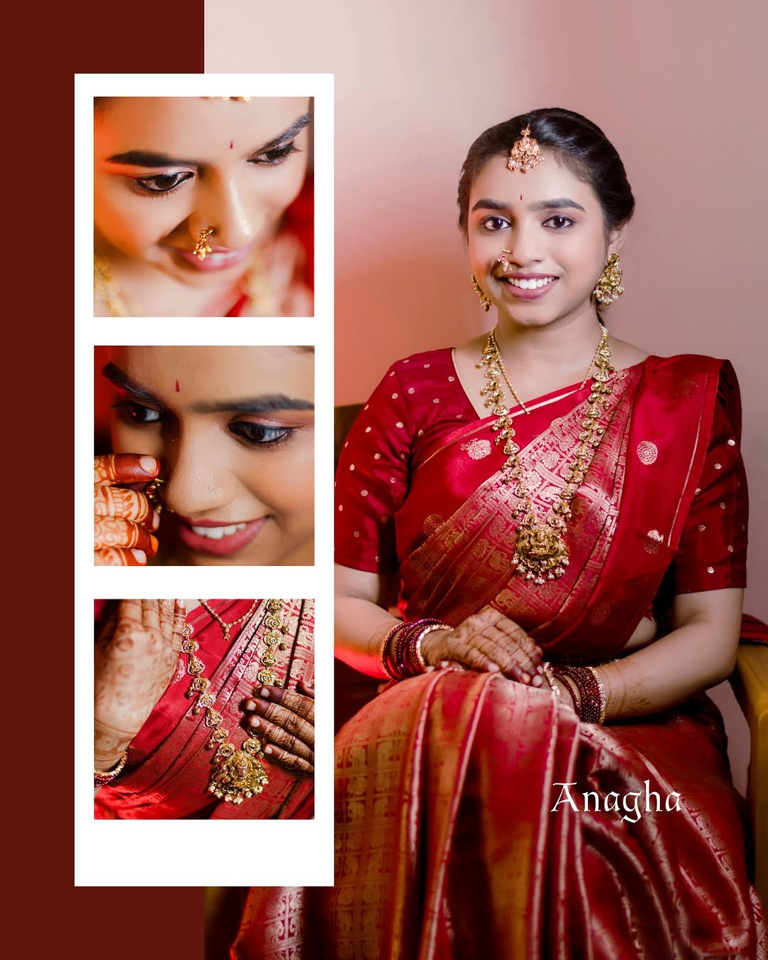 A woman in traditional Indian red saree and jewelry, smiling for a photo. Three smaller images show close-ups of her jewelry, makeup, and henna-adorned hands with jewelry.