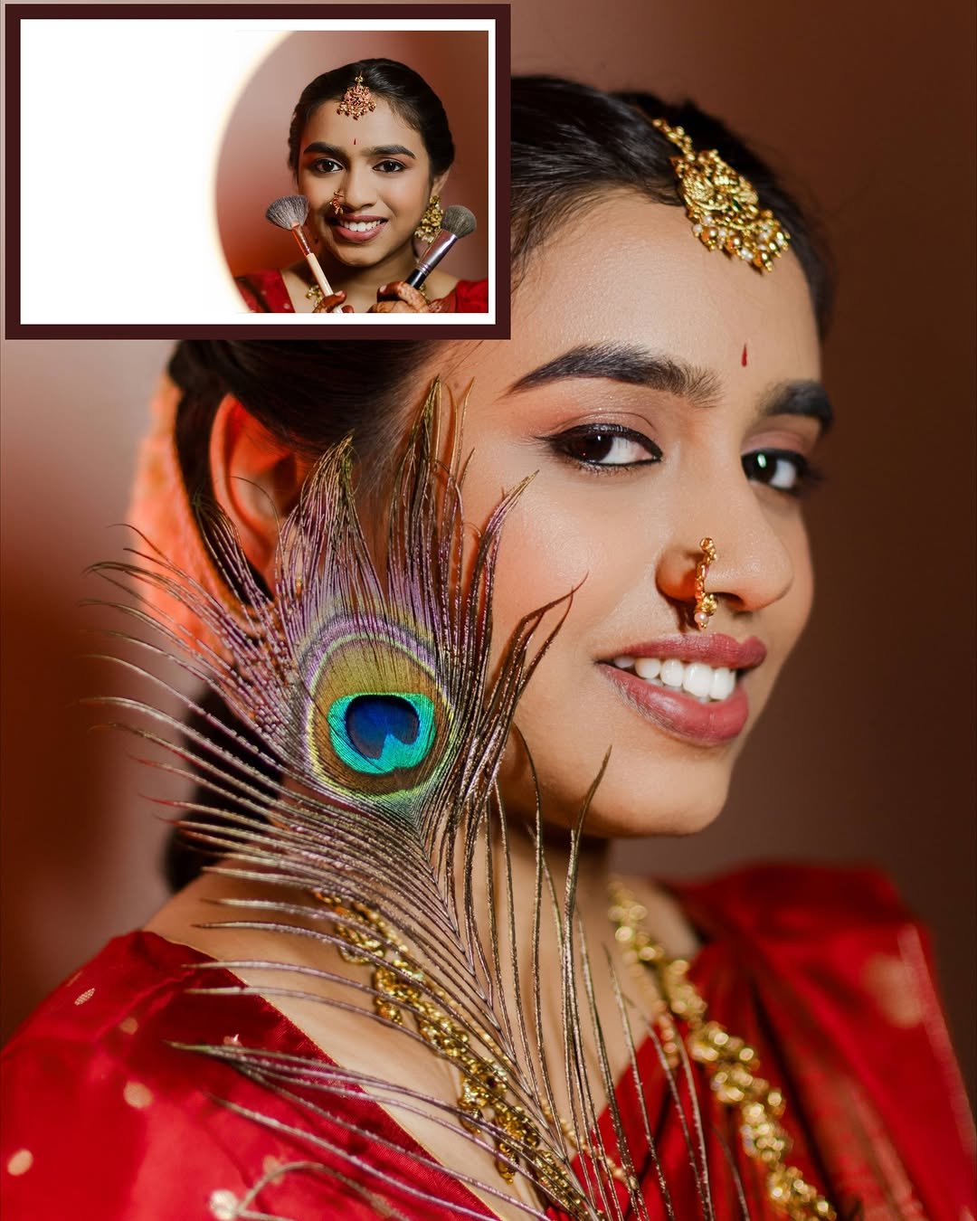 Close-up of a woman wearing traditional Indian attire with gold jewelry, a nose ring, and a red saree, holding a peacock feather near her face. In the inset, a woman with makeup brushes and wearing traditional Indian jewelry smiling into the camera.