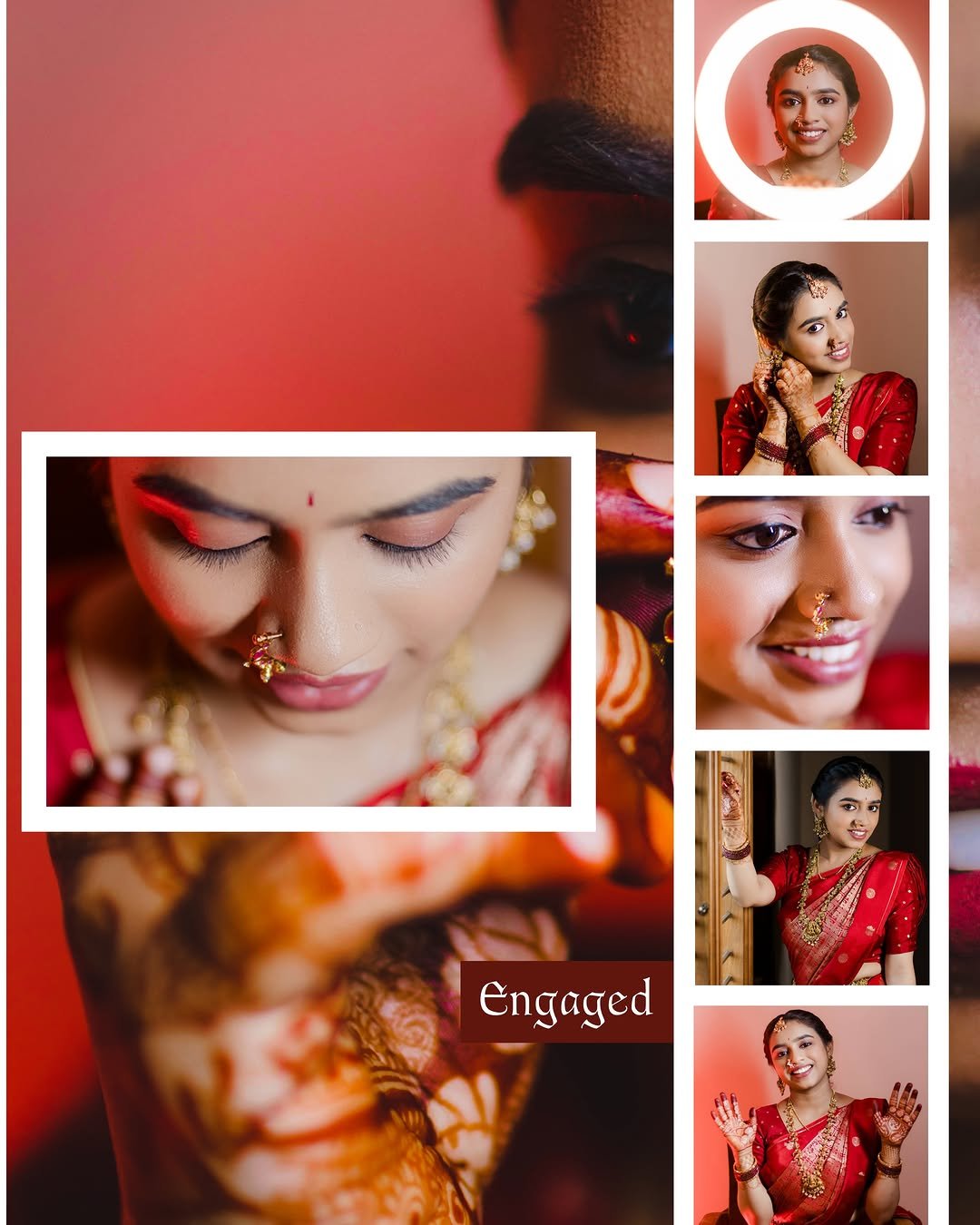 A collage of six photos of a bride in traditional red and gold wedding attire and jewelry, smiling and posing, with the word 'Engaged' written on it.