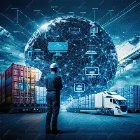 A person in front of a digital globe with connected lines, surrounded by shipping containers and a truck, representing global logistics and technology.
