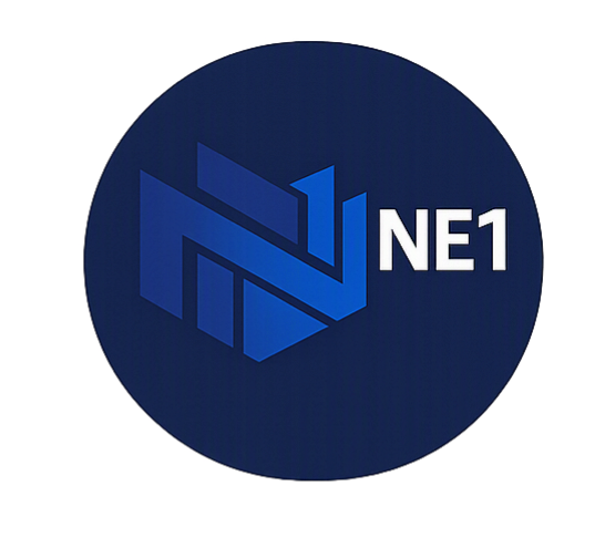 Logo with stylized blue design and the text 'NE1' on a dark blue background.