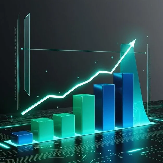 A digital graph showing an upward trend with bar charts in blue and green, and a glowing line graph indicating growth.