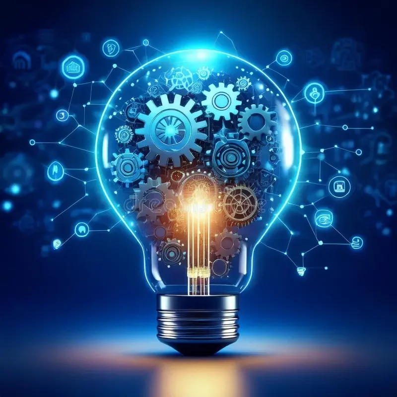 Digital illustration of a light bulb with gears inside, representing innovation and ideas, surrounded by connected icons symbolizing technology and connectivity.