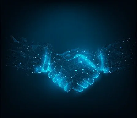 Digital illustration of a handshake made of interconnected blue lines and dots, glowing against a dark background.