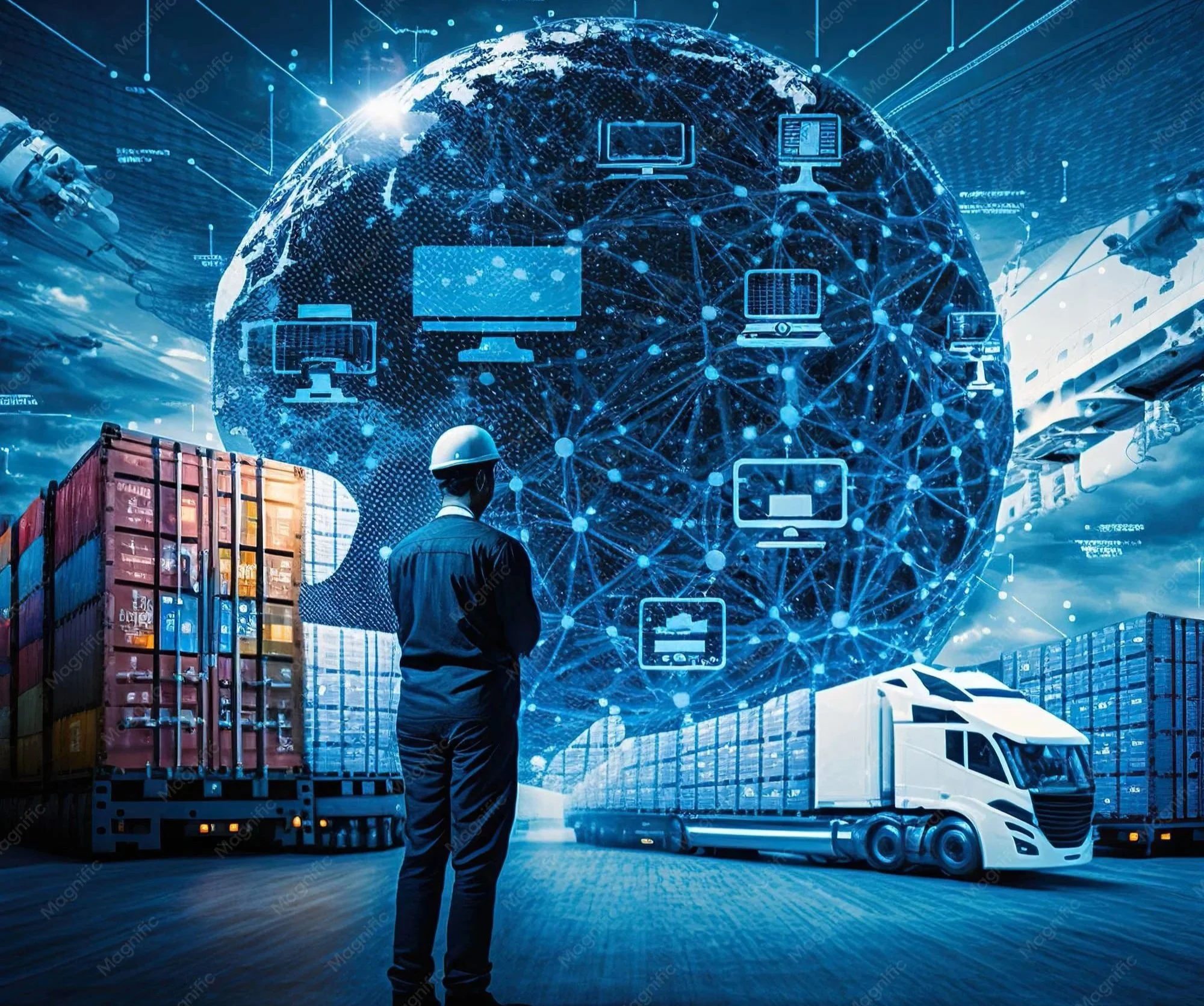 A person wearing a safety helmet stands in front of a large digital globe background, which displays interconnected computer icons and network lines, symbolizing global technology and connectivity, alongside trucks and cargo containers.