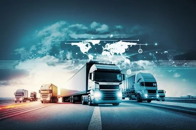 Multiple trucks driving on a highway with a digital world map and technological symbols in the sky.
