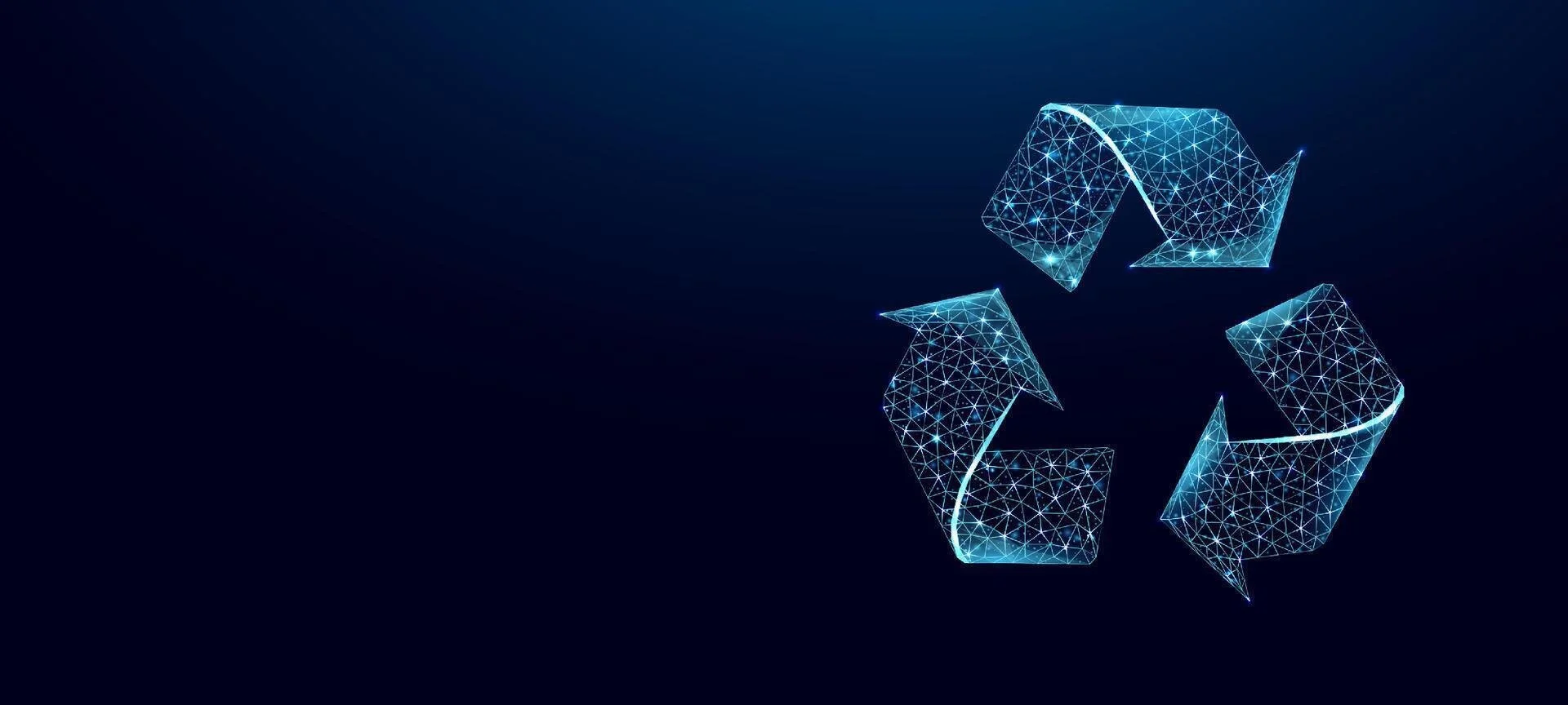 Digital illustration of a glowing blue recycling symbol made of interconnected lines and points on a dark background.