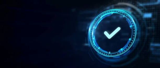 Digital clock with a checkmark icon inside, glowing blue futuristic interface.