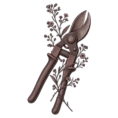 Sécateur ancien accompagné de fleurs séchées