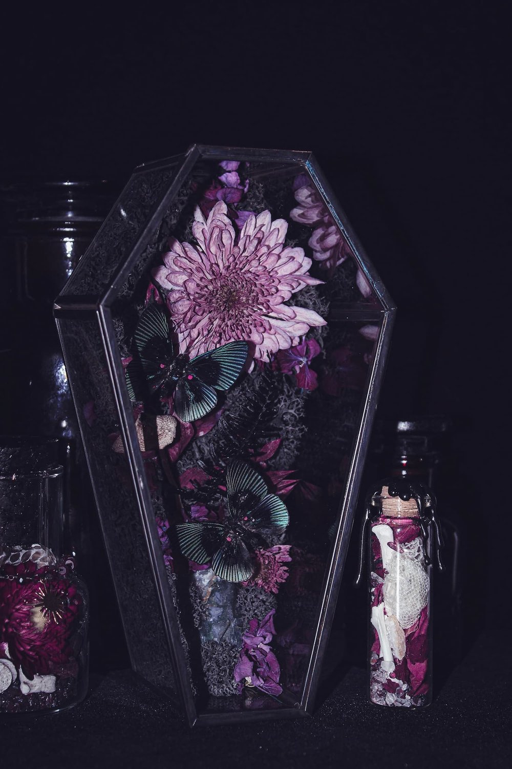 Cercueil noir en verre orné de fleurs séchées et de papillon, dans un style sombre et poétique. Amaginarium