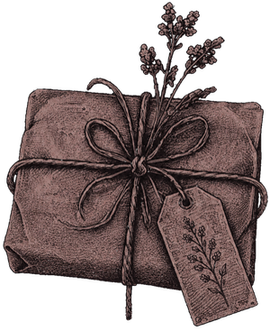 Paquet artisanal entouré de corde et accompagné de fleurs séchées