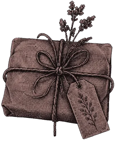 Paquet artisanal entouré de corde et accompagné de fleurs séchées