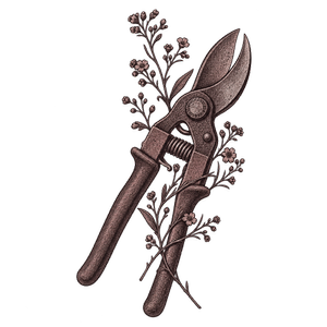 Sécateur ancien accompagné de fleurs séchées