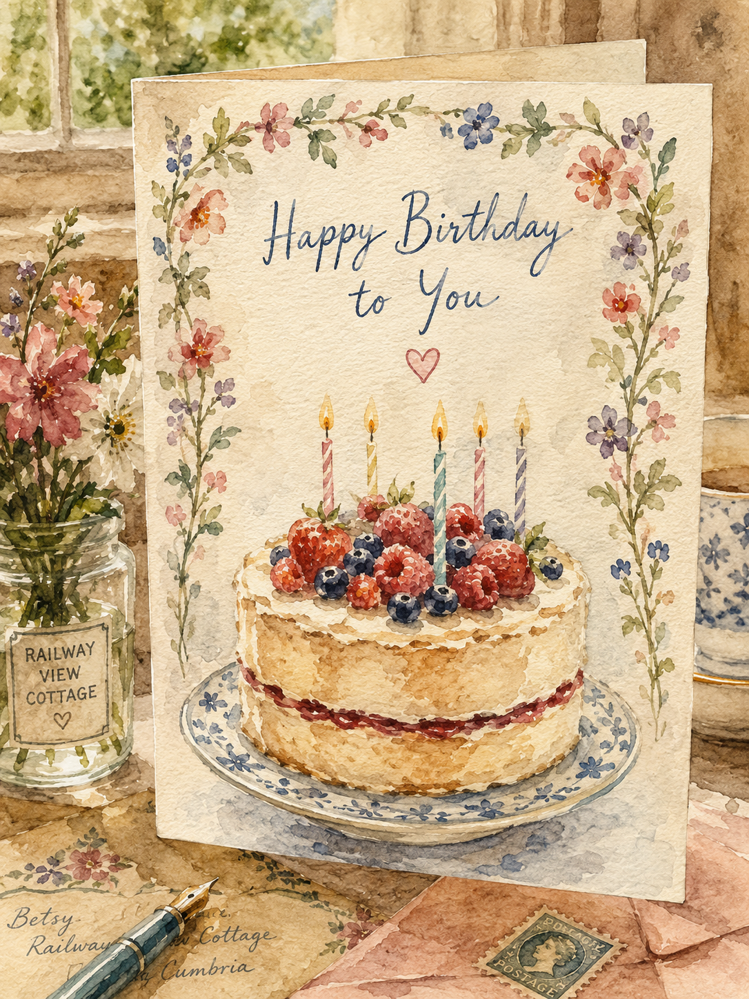 A watercolor birthday card with the message "Happy Birthday to You" above a cake with berries and five lit candles. The card is decorated with a floral border and is surrounded by a jar of flowers, a pen, and vintage-style envelopes and stamps.
