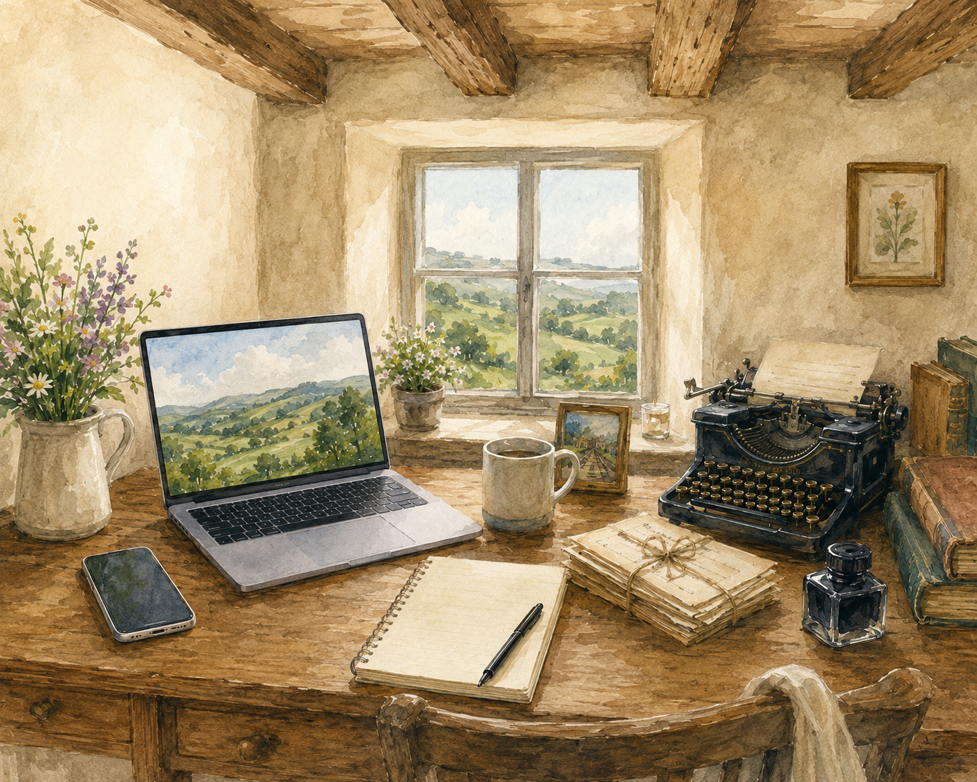A cozy workspace with a wooden desk by a window showing a scenic countryside view. The desk holds a laptop, a smartphone, a notebook with a pen, a mug, a vintage typewriter, stacked books, a small framed painting, a glass ink bottle, and two pots of flowers.
