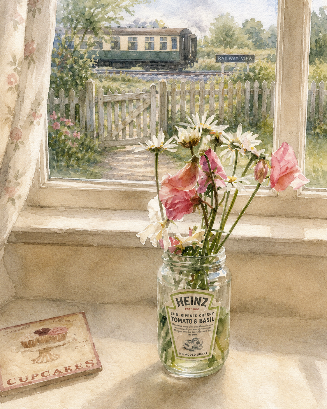 A vase with pink and white flowers on a windowsill, with a view of a train and railway sign outside, and a cookbook titled 'Cupcakes' nearby.