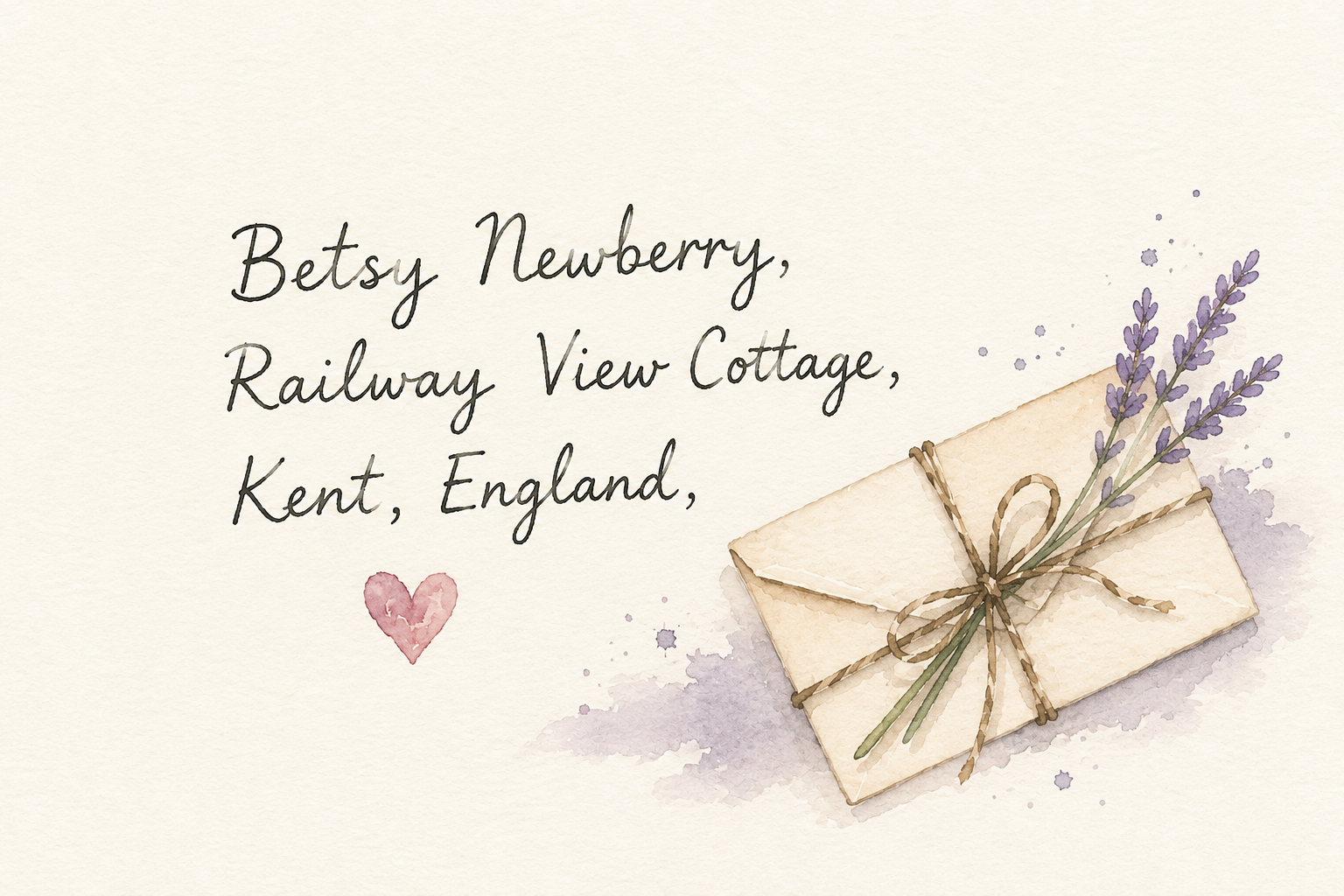 A watercolor illustration of a letter with the words 'Betsy Newberry, Railway View Cottage, Kent, England' written on it, accompanied by a small pink heart and a bundle of lavender tied together with twine on a textured, cream-colored background.