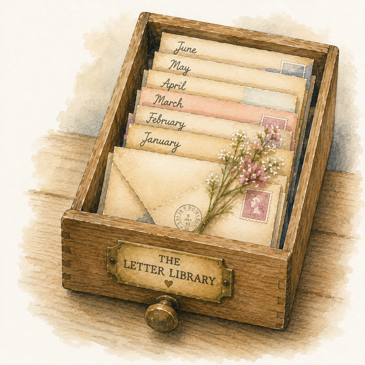 A wooden letter organizer containing envelopes labeled with months' names, decorated with pink and white flowers, and featuring vintage postage stamps. The organizer has a metal label reading 'The Letter Library'.