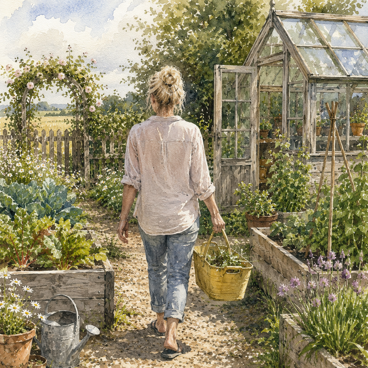 A woman walking through a lush garden with a yellow basket in her hand, surrounded by various plants and a glass greenhouse on the right, with a clear sky overhead.